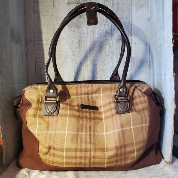 Eddie Bauer Brown Tan Plaid Double Handle Weekender Bag - Picture 2 of 11
